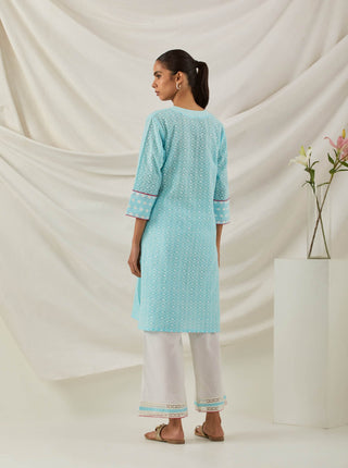 Blue Chikankari Kali Short Kurta and Palazzo with lace detail (Set of 2) Back Full View