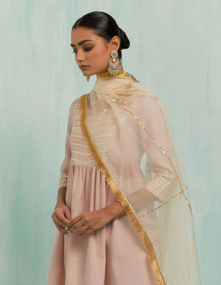 Pale Pink Naaz Anarkali Kurta And Palazzo With Gold Silver Gota Details & Dupatta (Set Of 3)