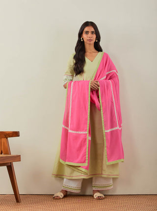 Green Plain Markab Anarkali Kurta With Chikankari Border Full View