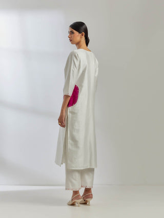 White Raw Silk Mira Kurta With White Palazzo (Set Of 2) Back Side View