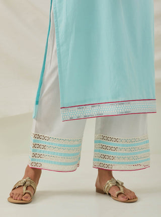 Blue Plain Rozana Straight Kurta With Chikankari Placket Pallazo View