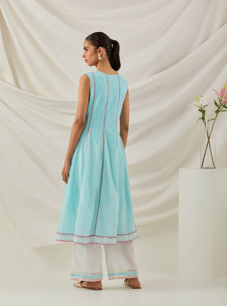 Blue Chikankari Mastani Kalidar A-Line Kurta and Palazzo with lace detail & Dupatta (Set of 3) Back View