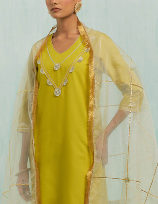 Lemon Green Mira Straight Kurta And Palazzo With Gold Silver Gota Details & Dupatta (Set Of 3)