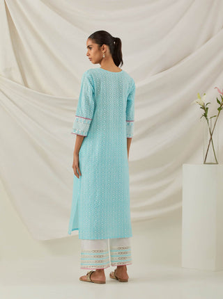 Blue Chikankari Rooh Straight Kurta and Palazzo with wide lace detail & Dupatta (Set of 3) Back View