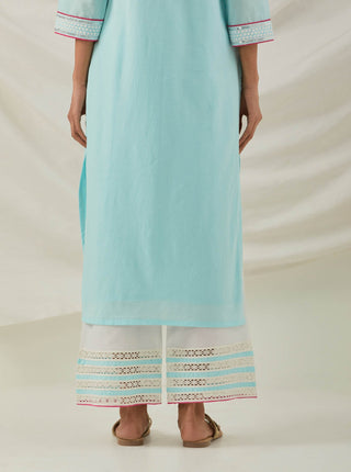 Blue Plain Rozana Straight Kurta With Chikankari Placket and Palazzo with wide lace detail & Dupatta (Set of 3) Back View