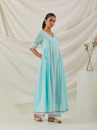 Blue Plain Markab Anarkali Kurta With Chikankari Border and Palazzo with lace detail & Dupatta (Set of 3) Right View