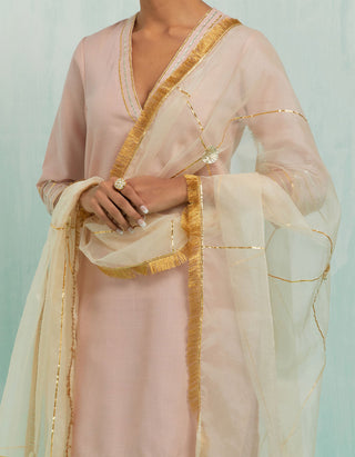 Pale Pink Kali Short Kurta And Palazzo With Gold Silver Gota Details & Dupatta (Set Of 3)