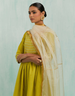 Lemon Green Naaz Anarkali Kurta And Palazzo With Gold Silver Gota Details & Dupatta (Set Of 3)