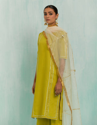 Lemon Green Rukbat Kurta And Salwar With Gold Silver Gota Details & Dupatta (Set Of 3)