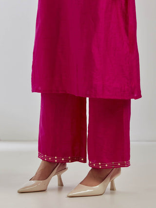 Pink Raw Silk Collared Kurta With Pink Palazzo (Set Of 2) Bottom View