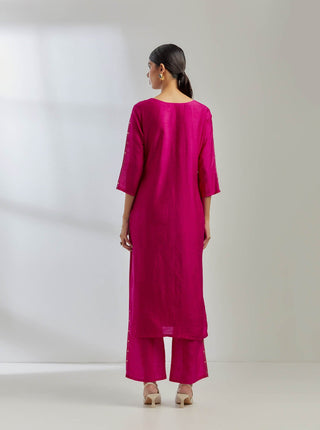 White/Pink Raw Silk Half And Half Kurta And Palazzo (Set Of 2) Back Side View