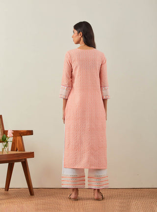Peach Chikankari Rooh Straight Kurta and Palazzo with wide lace detail & Dupatta (Set of 3) Back View
