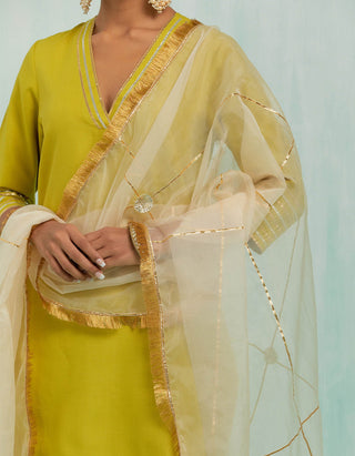 Lemon Green Kali Short Kurta And Palazzo With Gold Silver Gota Details & Dupatta (Set Of 3)
