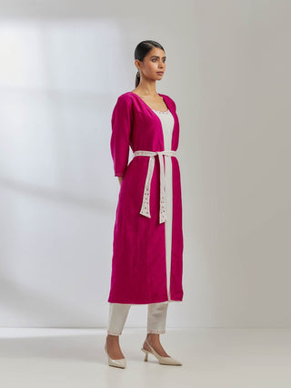 White Silk Strappy Kurta With White Pant And Pink Raw Silk Cape(Set Of 3) Side View