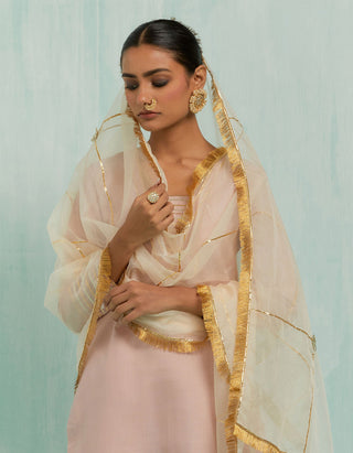 Pale Pink Rukhsaar Straight Kurta And Palazzo With Gold Silver Gota Details & Dupatta (Set Of 3)