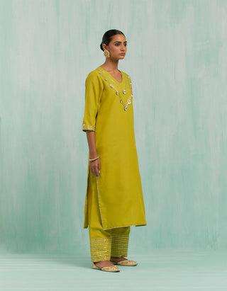 Lemon Green Mira Straight Kurta And Palazzo With Gold Silver Gota Details & Dupatta (Set Of 3)