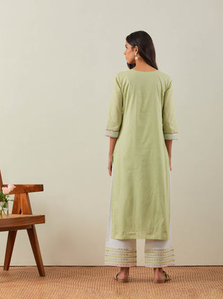 Green Plain Rozana Straight Kurta With Chikankari Placket and Palazzo with wide lace detail (Set of 2) Back View