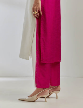 White/Pink Raw Silk Half And Half Kurta And Palazzo (Set Of 2)  Side Down View
