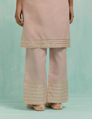 Pale Pink Kali Short Kurta And Palazzo With Gold Silver Gota Details (Set Of 2)