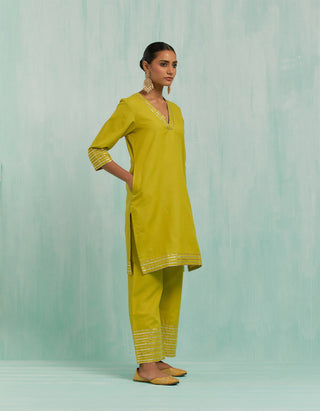 Lemon Green Kali Short Kurta And Palazzo With Gold Silver Gota Details & Dupatta (Set Of 3)