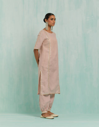 Pale Pink Rukbat Kurta And Salwar With Gold Silver Gota Details & Dupatta (Set Of 3)