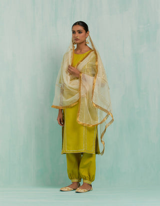 Lemon Green Rukbat Kurta And Salwar With Gold Silver Gota Details & Dupatta (Set Of 3)