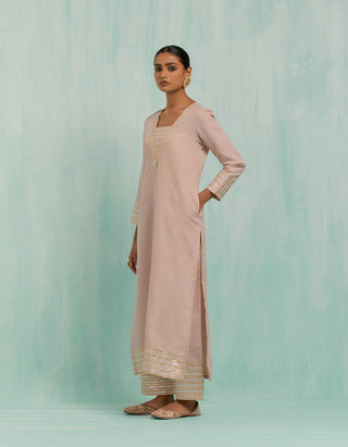 Pale Pink Rukhsaar Straight Kurta And Palazzo With Gold Silver Gota Details & Dupatta (Set Of 3)