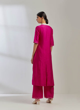 Pink Raw Silk Collared Kurta Back Side View