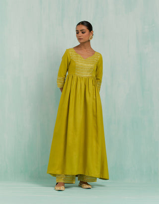 Lemon Green Naaz Anarkali Kurta And Palazzo With Gold Silver Gota Details & Dupatta (Set Of 3)