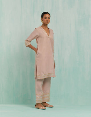 Pale Pink Kali Short Kurta And Palazzo With Gold Silver Gota Details & Dupatta (Set Of 3)
