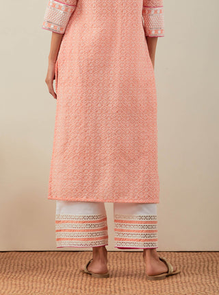 Peach Chikankari Rooh Straight Kurta and Palazzo with wide lace detail & Dupatta (Set of 3) Back View