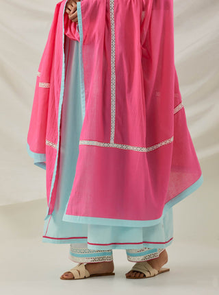 Blue Plain Markab Anarkali Kurta With Chikankari Border and Palazzo with lace detail & Dupatta (Set of 3) Bottom View