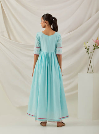 Blue Plain Markab Anarkali Kurta With Chikankari Border and Palazzo with lace detail & Dupatta (Set of 3) Back View