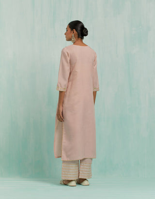 Pale Pink Mira Straight Kurta And Palazzo With Gold Silver Gota Details & Dupatta (Set Of 3)