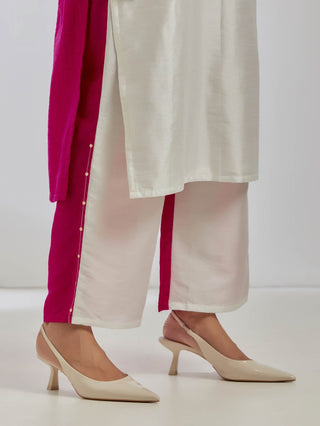 White/Pink Raw Silk Half And Half Kurta And Palazzo (Set Of 2) Side DownView