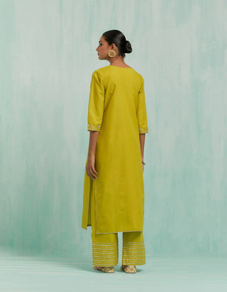 Lemon Green Mira Straight Kurta And Palazzo With Gold Silver Gota Details & Dupatta (Set Of 3)