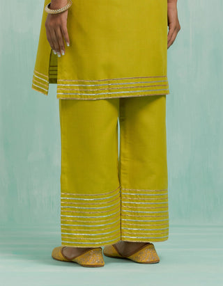 Lemon Green Kali Short Kurta And Palazzo With Gold Silver Gota Details (Set Of 2)