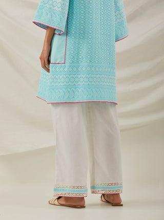 Blue Chikankari Pak Wide Arm Kurta and Palazzo with lace detail & Dupatta (Set of 3) Pallazo View