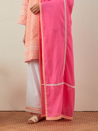 Peach Chikankari Pak Wide Arm Kurta and Palazzo with lace detail & Dupatta (Set of 3) Dupatta View