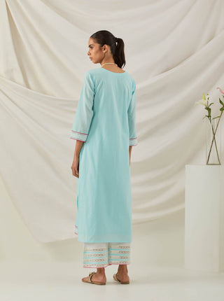 Blue Plain Rozana Straight Kurta With Chikankari Placket and Palazzo with wide lace detail & Dupatta (Set of 3) Full Back View