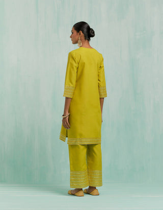 Lemon Green Kali Short Kurta And Palazzo With Gold Silver Gota Details & Dupatta (Set Of 3)