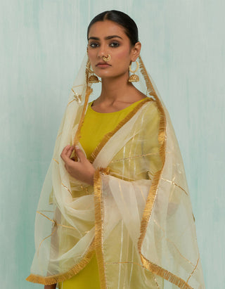 Lemon Green Rukbat Kurta And Salwar With Gold Silver Gota Details & Dupatta (Set Of 3)