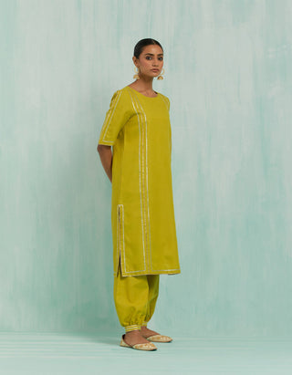 Lemon Green Rukbat Kurta And Salwar With Gold Silver Gota Details & Dupatta (Set Of 3)