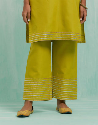 Lemon Green Kali Short Kurta And Palazzo With Gold Silver Gota Details & Dupatta (Set Of 3)