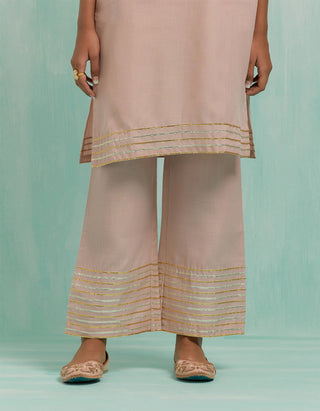 Pale Pink Kali Short Kurta And Palazzo With Gold Silver Gota Details & Dupatta (Set Of 3)