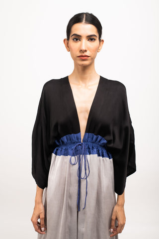 Black-Blue-Grey High Low Cape front close view