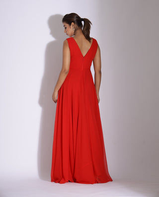 Red Cowl Neck Evening Gown