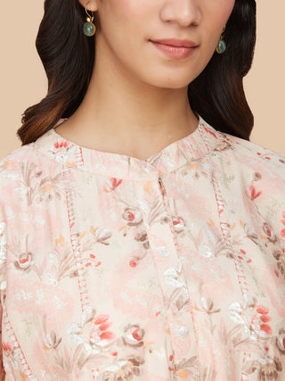 Pink Floral Printed Chanderi Silk Top