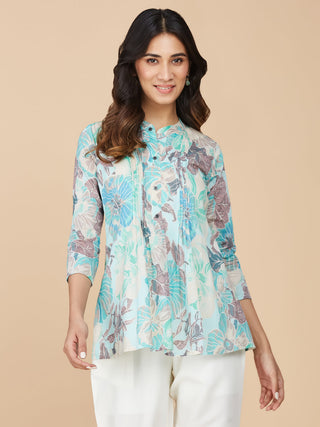 Blue Floral Printed Cotton Mull Top
