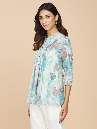 Blue Floral Printed Cotton Mull Top